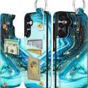 Shorogyt for Samsung Galaxy A15 5G Wallet Case with Card Holder - Designer Marble Pattern Kickstand Magnetic Clasp Back Flip Folio Leather Phone Cases for Galaxy A15 5G for Women Men Girls Cyan