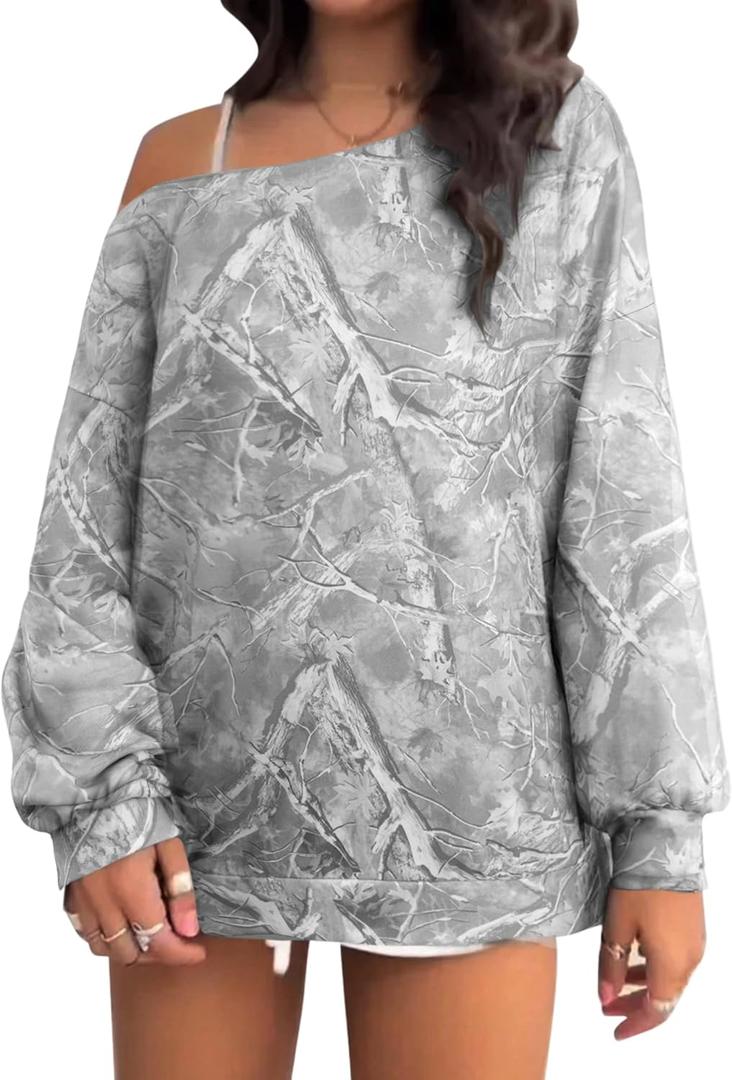 SOFIA'S CHOICE Women's Oversized Camo Print Off The Shoulder Sweatshirts Long Sleeve Pullover Fall Outfit Light Gray, Medium