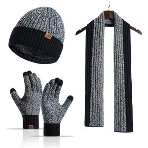 Winter Hats Scarf Set for Men Touchscreen Gloves Warm Knit Beanie Hat Scarves with Fleece Lined Cap (Gray)