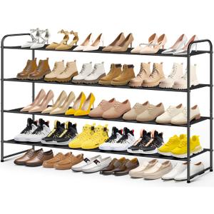 MISSLO 4 Tier Long Shoe Organizer for Closet Shoe Rack for Bedroom Closet Floor Shoe Shelf for Entryway Storage Stackable Wide Shoe Shelf Stores 30 Pairs of Men Sneakers, Black