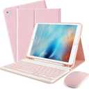For iPad Pro 9.7 inch Case with Keyboard and Mouse for iPad 2018 (6th Gen)/ 2017 (5th Gen), Keyboard Case with Mouse for 2016 iPad Pro/Air 2/1, Detachable Wireless Keyboard Cover with Pencil Holder,BK (Pink)