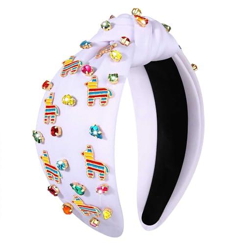 Mexican Headband for Women Cinco De Mayo Headband Beaded Fiesta Knotted Hairband Embellished Rhinestone Crystal Wide Top Knot Hairband Mexican Holiday Hair Accessory Party Favors Gifts (Pinata White)