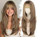 Eawwii Long Brown Blonde Highlight Wig with Bangs for Women 4x4 Realistic Scalp,Free Parting,Layered Hairstyle Synthetic Heat Resistant for Daily Party Use 26 inch