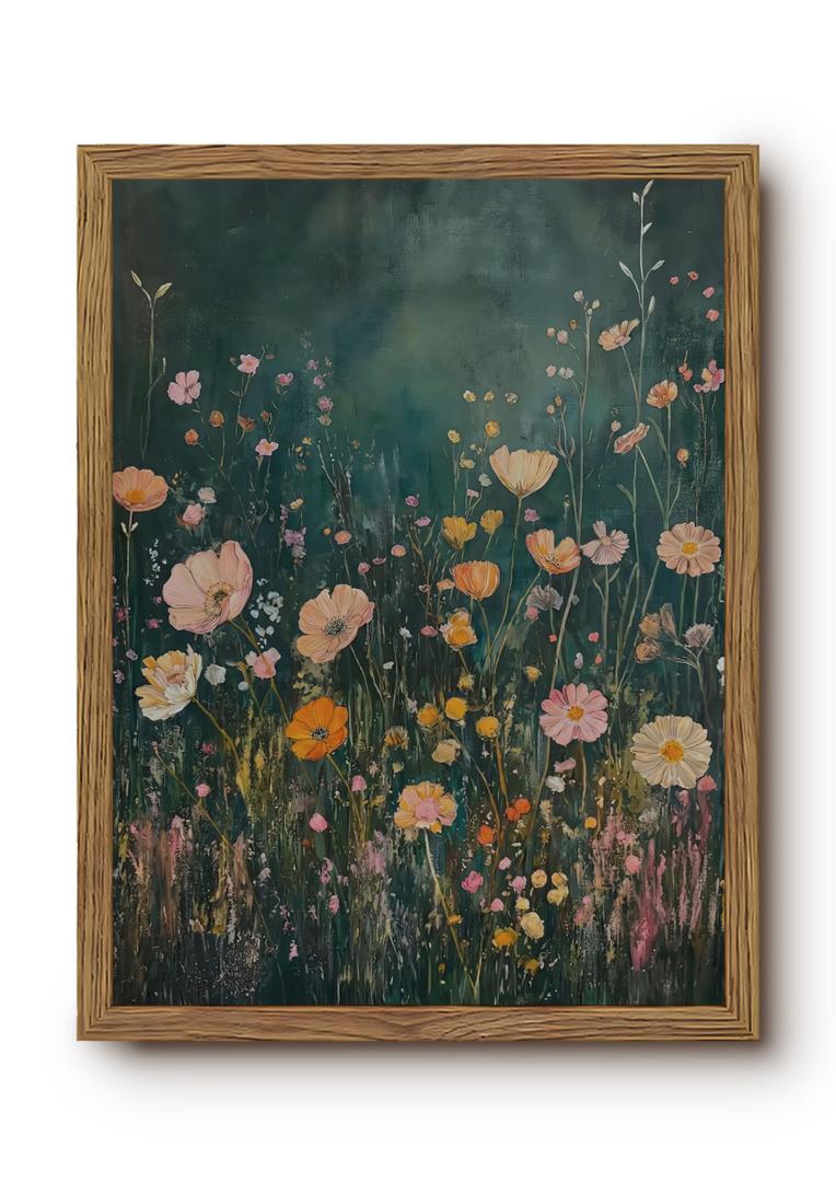 Vintage Dark Floral Framed Wall Art Moody Wildflower Pictures 16x24 In