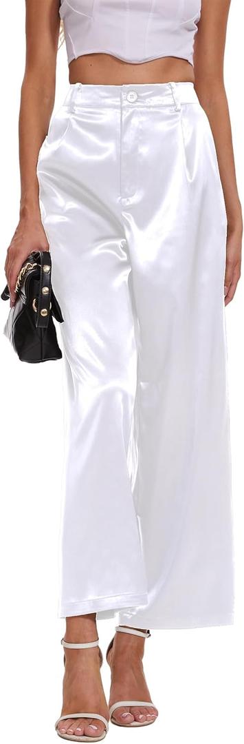 C.O.Z.Y Satin Pants for Women High Waist Wide Leg Dress Casual Silk Disco Pants with Pockets (X-Large, White)