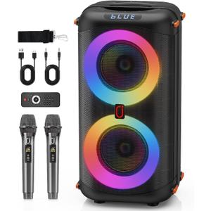 Karaoke Machine with 2 Wireless Microphones, Portable Bluetooth Karaoke Speaker for Adults, Big Party PA System with Dicso Lights & Dual 6.5" Stage Subwoofers for Home Outdoor, Ideal Gifts for All
