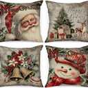 Lanpn Vintage 16x16 Christmas Throw Pillow Covers Set of 4, Xmas Decoration Cushion, Winter Holiday Decorative Pillow Case, Santa Claus Snowman Pillowcase, Indoor Home Bedroom Sofa Couch Decor (Green)