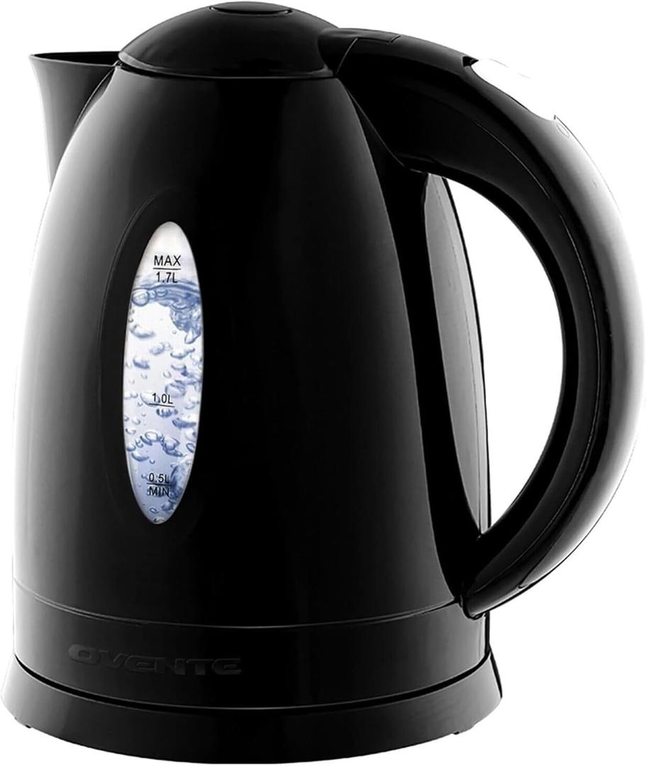 OVENTE Electric Kettle, 1.7L Fast Boiling Water Heater for Coffee or Tea, BPA Free with Water Level Gauge, Auto Shut-Off, Boil-Dry Protection, Indicator Light and Removable Filter, Black KP72B