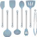 8PCS Kitchen Utensils Set, Vayvnt Heat Resistant Silicone Utensils Set for Cooking, Non Scratch Spatula Spoons for Non Stick Pan, Large Kitchen Cooking Tools, Metal Long Handle&Dishwasher Safe, Blue