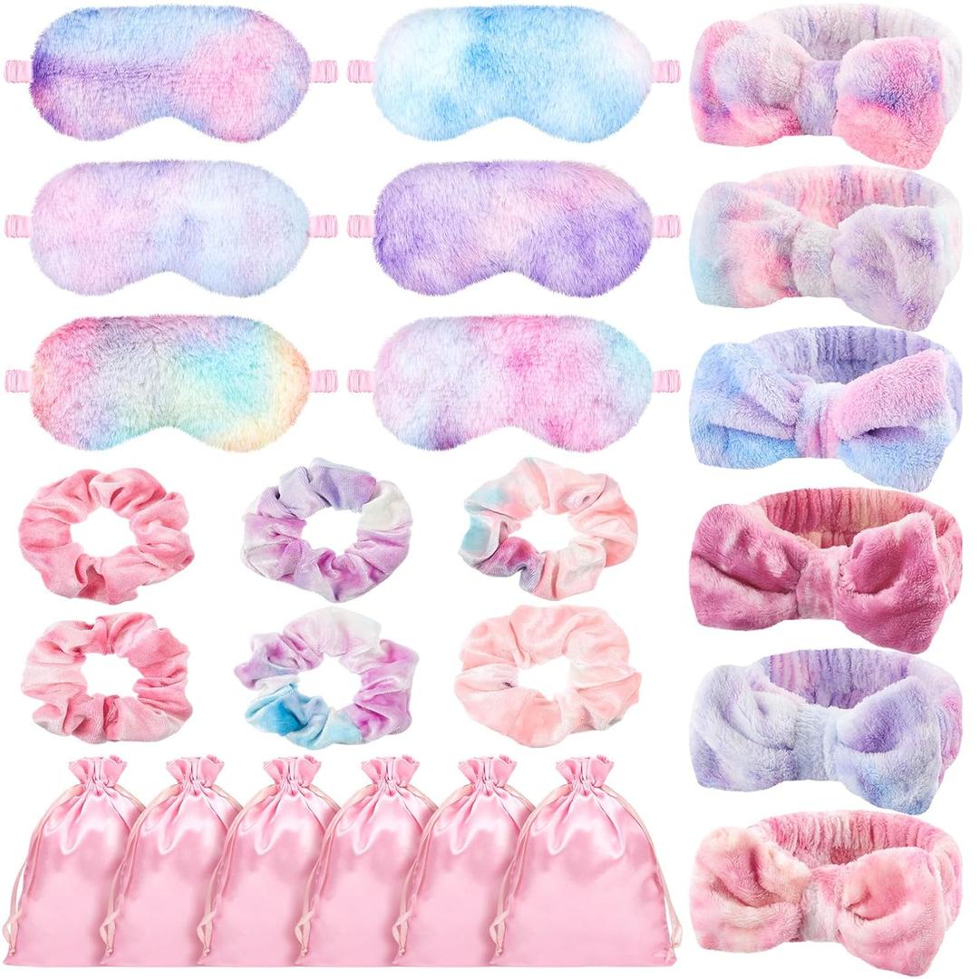 24 Pcs Sleepover Supplies for Women Spa Headband Plush Eye Mask Bow Makeup Headbands Storage Bags Pajama Party Favors for Birthday Spa Bachelorette Party