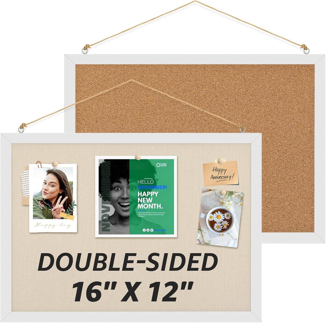 MaxGear 2 Pack Double-Sided Cork & Linen Boards, 16" x 12" Bulletin Board with White Frame, CorkBoards for Wall, Vision Board for Girls Room, Office, Bedroom, Kids Room, Classroom