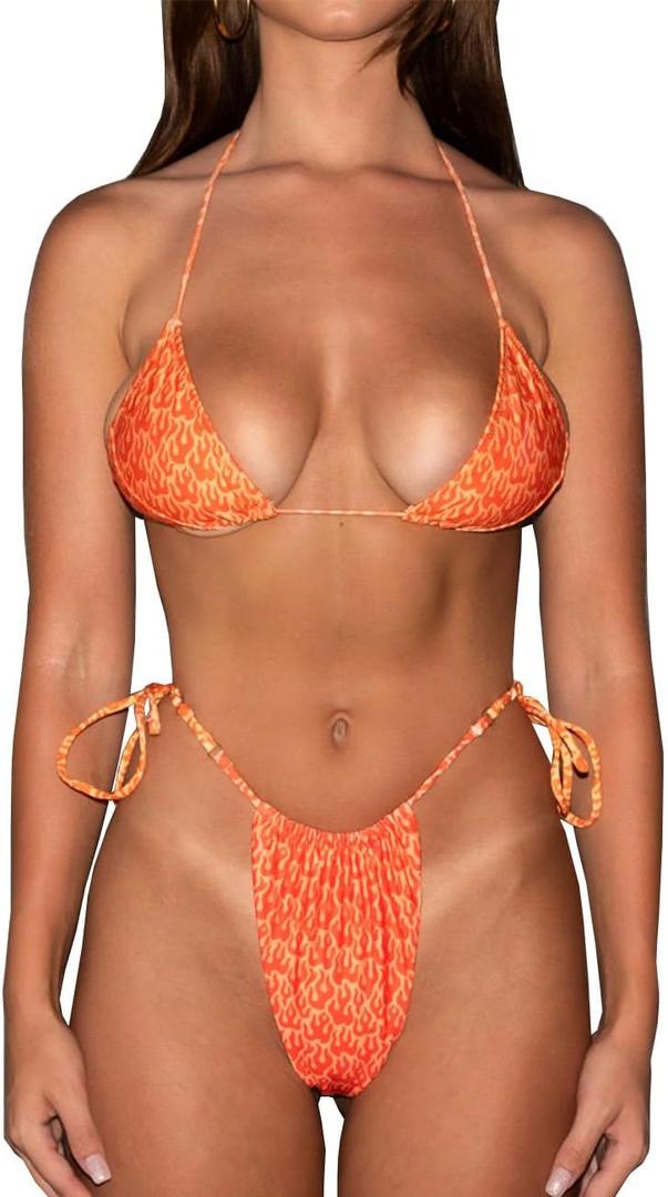 Women Halter String Bikini Flame Printed Two Piece Swimsuit Triangle Sets Spaghetti Strap Tie Swimwear (Orange, S)
