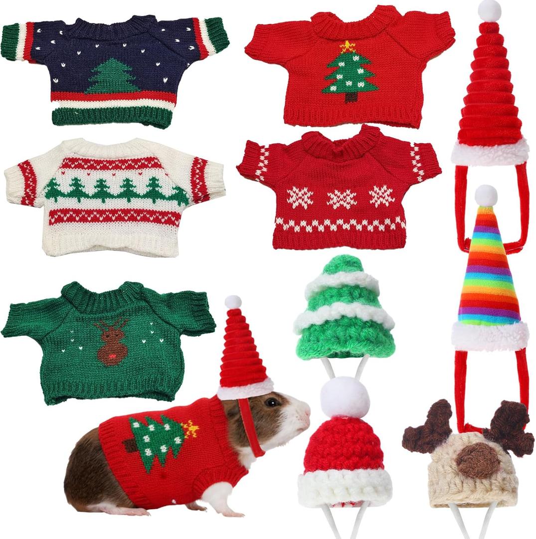 10 Pcs Guinea Pig Clothes, 5 Guinea Pig Costume Outfit, 5 Mini Hat with Adjustable Strap Small Animal Warm Vest Sweater Cozy Hand Knitted Hat for Hamster Bunny(Modern,XXS)