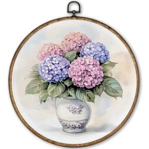 2 x TLESKE Vintage Hydrangea Flowers Round Wall Art Decor Framed 10x10, Chinoiserie Spring Floral Canvas Wall Art Prints Artwork, Grand Millenial Grandmillennial Wall Hanging Decor for Bedroom Living Room, (Mix)