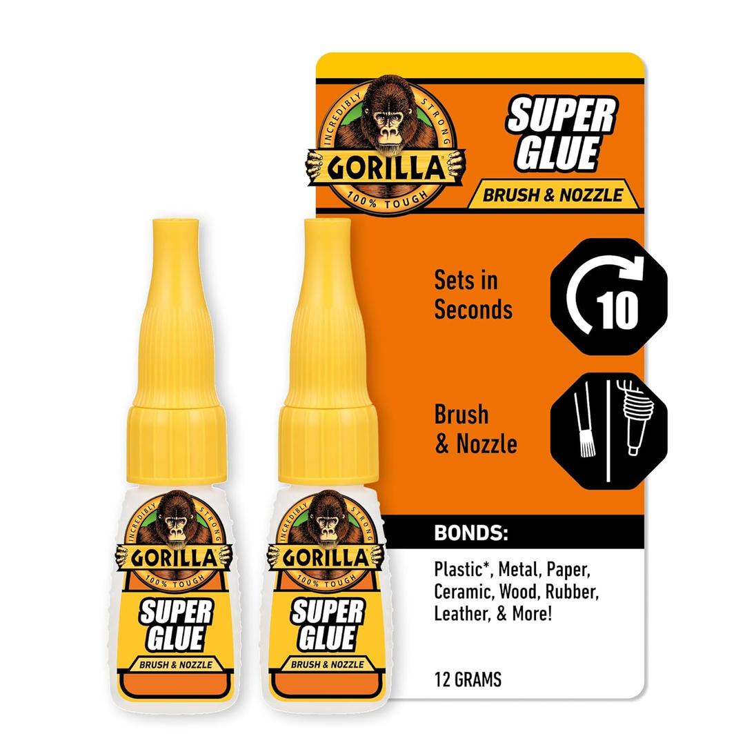 Gorilla Super Glue with Brush & Nozzle Applicator, Clear Glue, 12 Gram (Pack of 2) - All Purpose and Fast Setting for Projects and Repairs