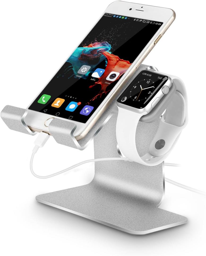 2 in 1 Charging Stand Compatible with Apple Watch Series Ultra2/Ultra/10/9/8/7/6/5/4/3/2/1/SE (38mm/40mm/41mm/42mm/44mm/45mm/46mm/49mm) and Compatible with iPhone of All Series- Silver Grey