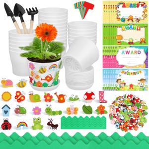 Elcoho 24 Packs Garden Plastic Pot Craft Kit Plant Spring Craft Kits for Kids Flower Pots with 150 Foam Stickers 36 Labels 24 Certificate of Awards 3 Tools Planting Growing Kit for Kids