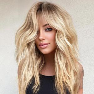 Ombre Blonde Wig with Bangs,Blonde Highlight Wavy Wigs for Women,Shoulder Length Curly Synthetic Hair Wig for Party Daily Use 18IN