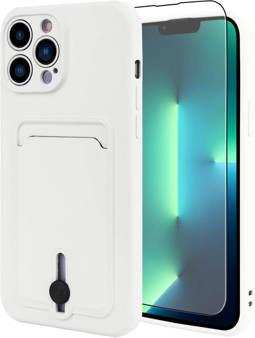 MZELQ TPU Wallet Compatible with iPhone 13 Pro Max Case, Card Holder Camera Protection Cover + Screen Protector, Push-able Slot for Girls Women -White