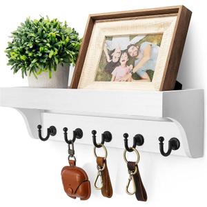 Rebee Vision Key and Mail Holder for Wall with Floating Shelf : Decorative Hanging Organizer with 5 Sturdy Keys Hooks and Wall Mount Key Rack - Farmhouse Entryway Dcor (Modern White)