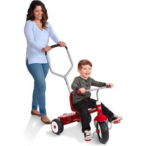 Radio Flyer Deluxe Steer & Stroll Trike, Red, for Kids 2-5, 2-in-1 Parent Steer Tricycle, Removable Push Handle, Adjustable Seat, Steel Frame, Covered Storage Bin, Tricycle for Toddlers and Kids 