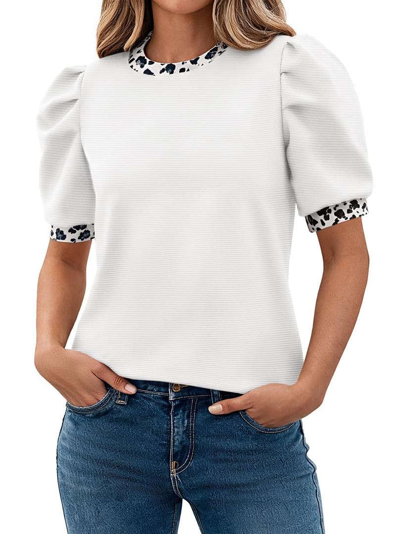 Tankaneo Womens Puff Short Sleeve Tops Summer Dressy Casual Crew Neck Work Blouses 2026 Leopard Loose Fit T Shirt (White, S)