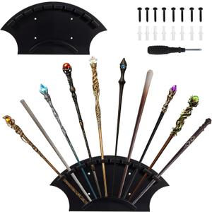 2 Pcs Wand Holders Wall Mount for 10 Wands, Wood Magic Wand Display Stand Holder, Black Wall Mounted Bracket Rack Decor for Collectors and Enthusiasts, Living Room, Bedroom and Office