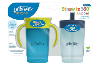 Dr. Brown's Milestones Straw to 360 Cup Set, Convertible Toddler Training Cup Set with Lids, Blue/Green, 10 oz/300 mL, BPA Free, 9m+