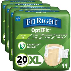 FitRight Adult Diapers, Extra+ Heavy Absorbency, XL (Waist Size 56in-64in), OptiFit Incontinence Briefs for Men/Women, Disposable, Moisture-Wicking, Leak Protection, 20 Count (Pack of 4)
