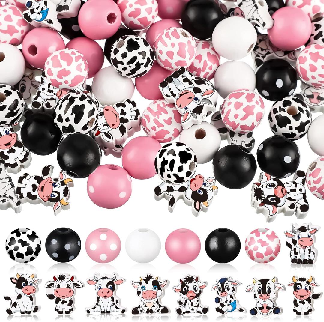 200 Pcs Cow Print Wood Beads 16 mm Wood Round and 20 mm Flat Wooden Beads Natural Handmade Polished Spacer Charm for Jewelry Making DIY Crafts Making Home Party Decoration