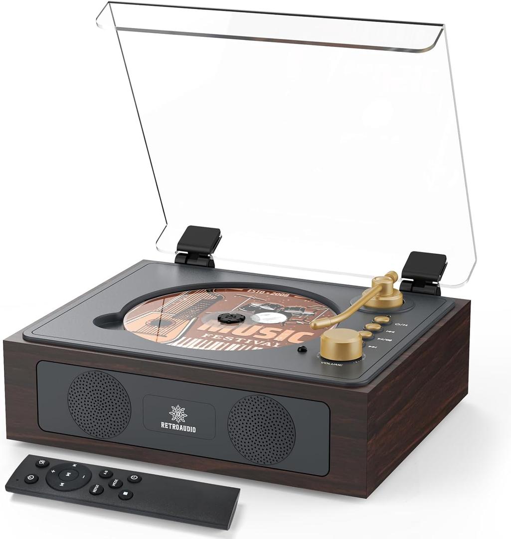 CD Player with Built-in Speakers Bluetooth Retro Portable CD Players for Home Music Player with Remote Control Headphone Jack Walnut Brown