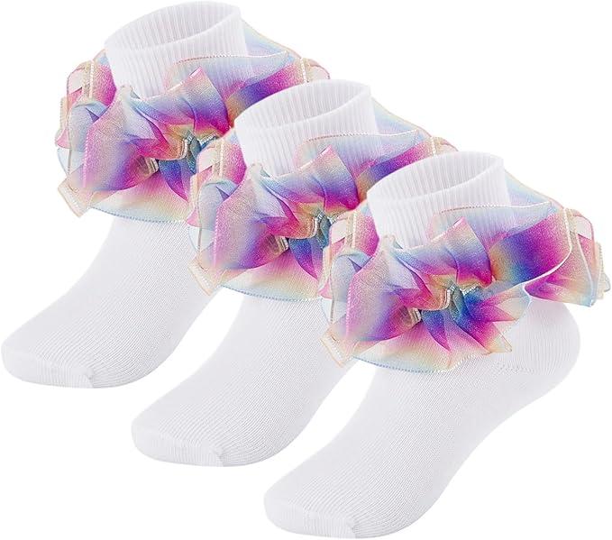 MKYSZLT Girls Ruffle Socks Toddler Girl Rainbow Fold Over Frilly Dress Socks Lace Big Fluffy Ruffles Church Fancy Sock Kids (US, Age, 8 Years, 10 Years, rainbow - 3 pairs)