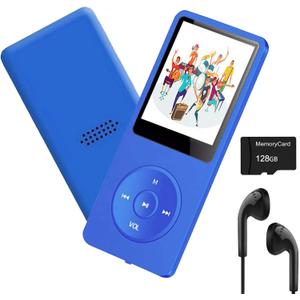 MP3 Player 128GB with Bluetooth 5.2 Portable Music Player with 1.8" Screen Built-in Speaker Support FM Radio Voice Recorder E-Book Earphones Included, Blue
