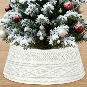 13.5 Inch Mini Knit Christmas Tree Collar - Small Xmas Tree Stand Cover for Tabletop Artificial Trees, Farmhouse Decor for Office, Stairwells & Small Spaces, Cream White