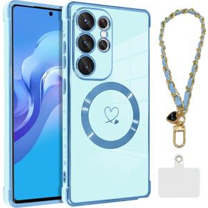 OOK Magnetic Phone Case for Samsung Galaxy S25 Ultra 6.9 Inch [Wireless Charging Compatible] Soft TPU Heart Design Shockproof Protection Electroplated Slim Case with Strap Lanyard - Blue