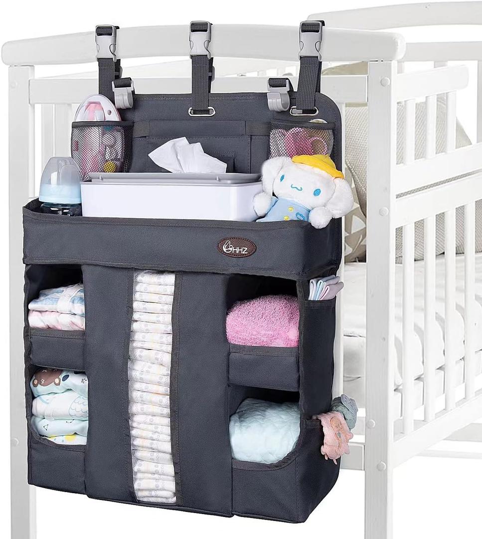 HHZ XL Hanging Diaper Caddy Organizer Sturdy and Durable Baby Organizer Diaper Stacker for Changing Table, Crib, Playard or Wall & Nursery Organization, Dark Gray