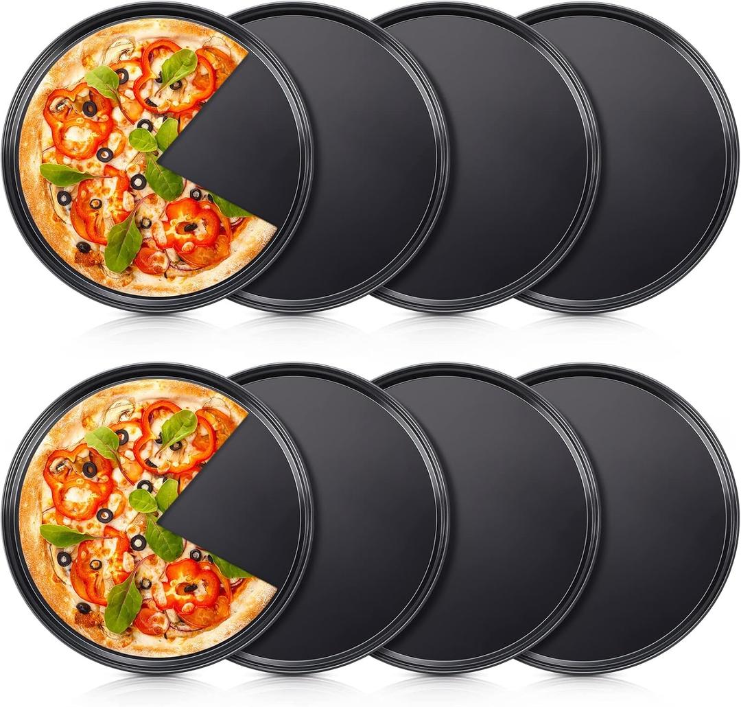 Meanplan 8 Pcs Non Stick Bakeware Pizza Pan Round Pan for Oven Carbon Steel Oven Tray Pie Baking for Home Restaurant Kitchen Baking Supplies, Black(10 Inch)