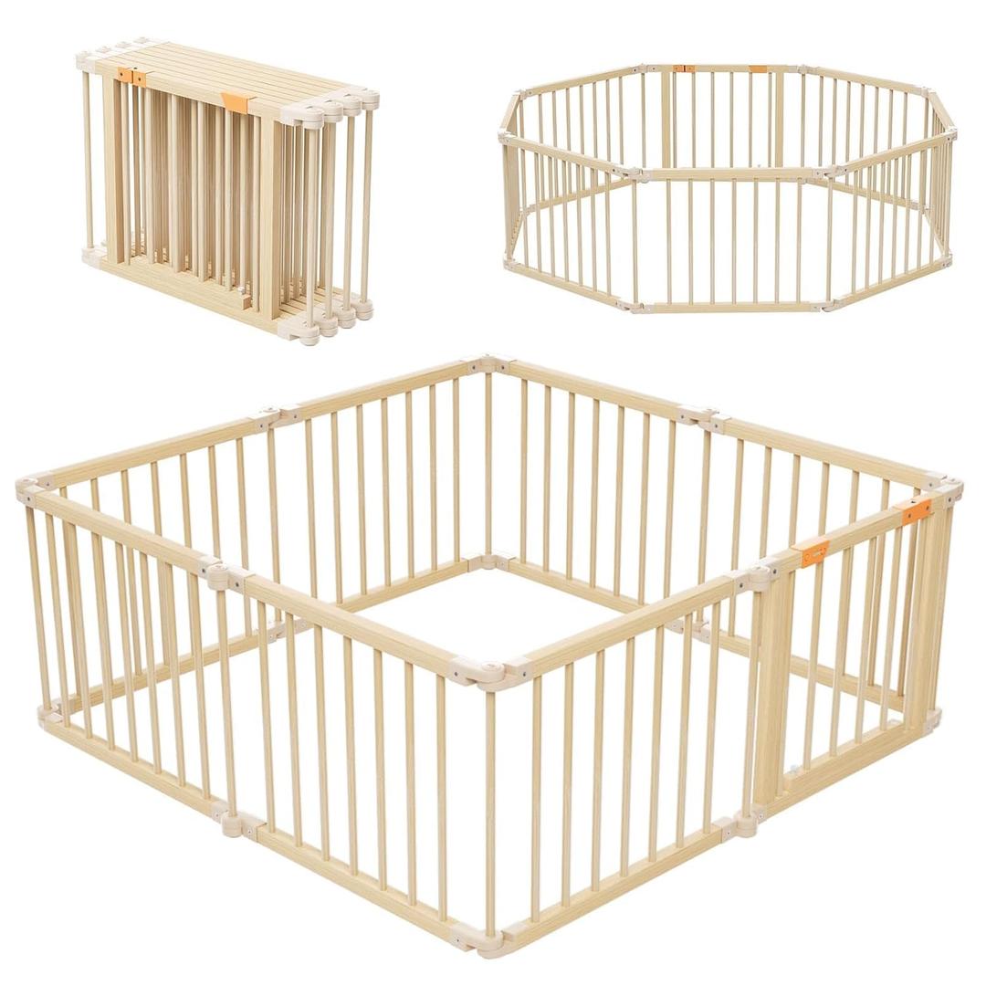 Baby Playpen, Foldable Wooden Playpen for Babies and Toddlers | Adjustable Multi-Shape Play Yard with Gate, 8 Panels Baby Fence, Indoor Play Area, Child Activity Center