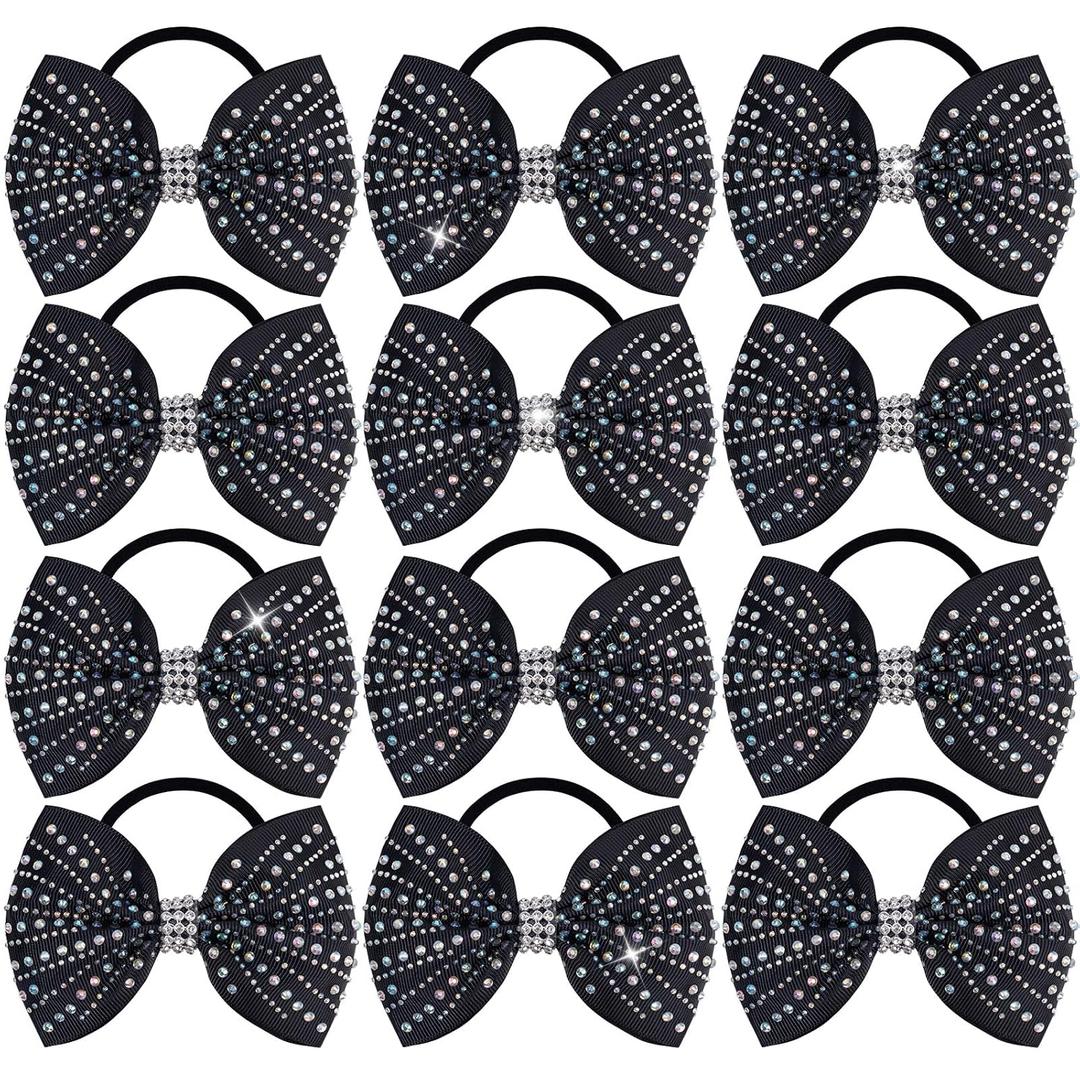 OAOLEER 12PCS Glitter Cheer Hair Bows for Cheerleading, Cheer Bow with Ponytail Holder for Teen Girls Cheerleader (Black)