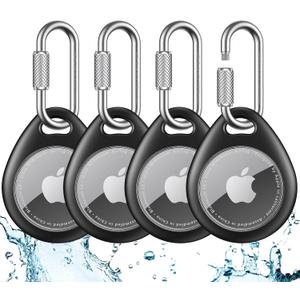 UNBREAKcable AirTag Holder for Apple - 4 Pack Air Tag Case [Professional Carabiner] [Waterproof] [Shockproof] TPU AirTag Keychain for Kids, Pets, Keys, Luggage, Backpacks (All Black)