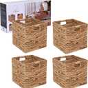 12x12in Storage Baskets Set of 4 Water Hyacinth Baskets, Foldable Handwoven Storage Cubes, Wicker Cube Baskets Laundry Organizer Totes for Home