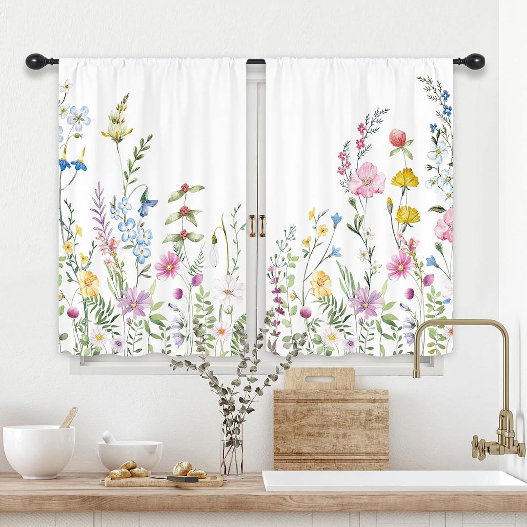 Riyidecor Floral Flower Curtains Short Small Plants Botanical Leaves Leaf Rod Pocket Colorful Watercolor Women Girls Pink Green Bedroom Living Room Treatment Fabric 2 Panels 26Wx36H Inch