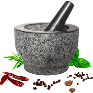 HiCoup Mortar and Pestle Set - 6 Inch Granite, Large Molcajete Bowl with Stone Grinder - Spice, Herb and Avocado Masher for Guacamole, Salsa and Pesto - Holds 2 Cups (6 Inches)