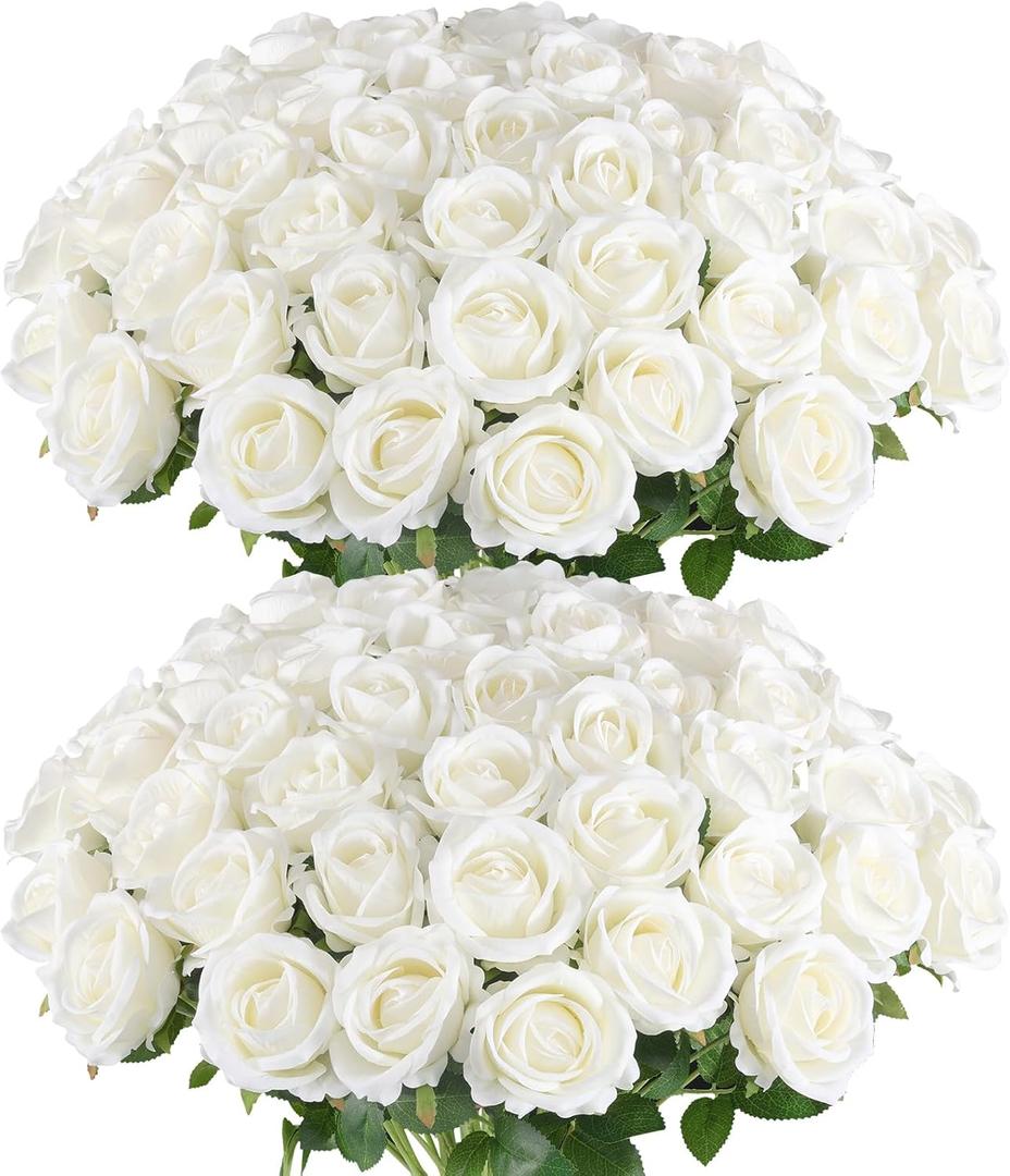 Hananona Artificial Roses in Bulk, Fake Velvet Silk Roses Realistic Rose for Wedding Centerpieces Flower Arrangement Home Decor (50, White)
