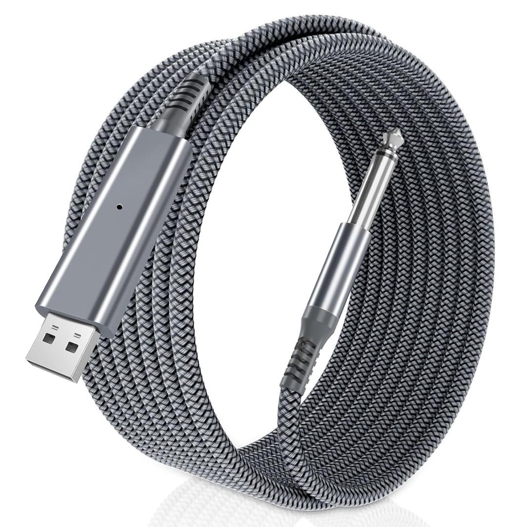 Elebase USB Guitar Cable 6.6FT,1/4 Inch TS Instrument Cord,USB A to 6.35mm Male Jack Stereo Audio Interconnect Wire Line for Electric Guitar,Bass,Keyboard,Mixer,Amplifier,Amp,Speaker,Equalizer, Feet (6.6 Feet, Gray)