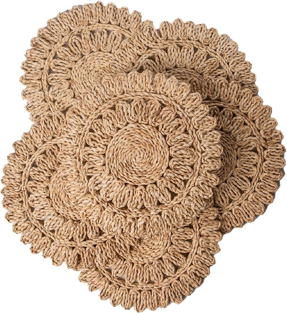 13.8" Round Corn Husk Placemats Set of 6 | Boho Rattan Woven Table Mats | Farmhouse Spring Plate Chargers Like Water Hyacinth, Seagrass for Wedding, Party, Christmas, Events