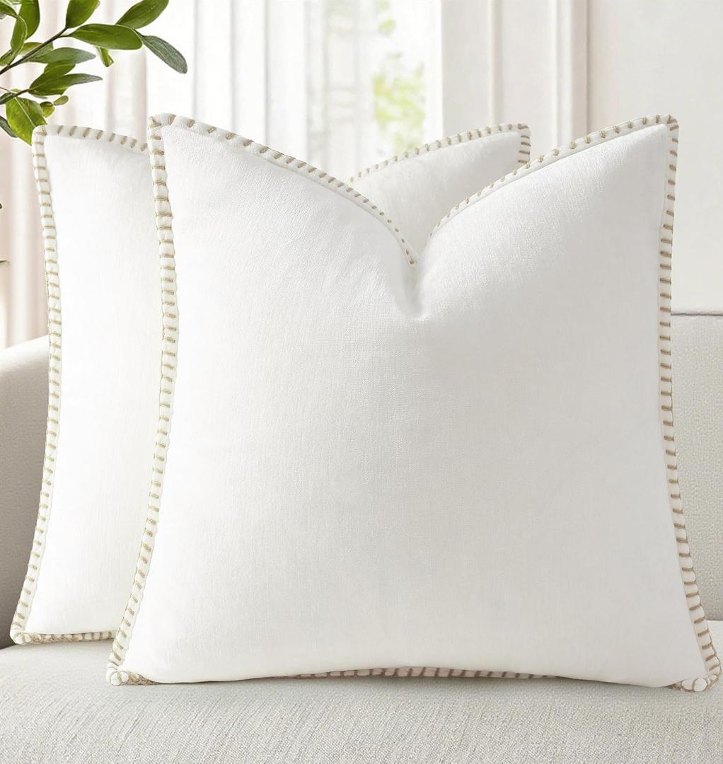 decorUhome Summer Chenille Soft Cozy Throw Pillow Covers 18x18 Set of 2, Modern Farmhouse Boho Velvet Decorative Pillow Cases with Stitched Edge for Couch Sofa Bed Home Decor, Cream White