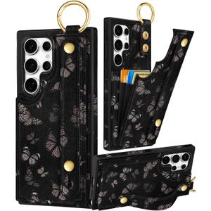 Petitian for Samsung Galaxy S23 Ultra Case with Wallet - Women Girls Cute Girly Aesthetic Unique Design Leather Credit Card Holder Cardholder Stand Wristband for S23 Ultra, Black Butterfly