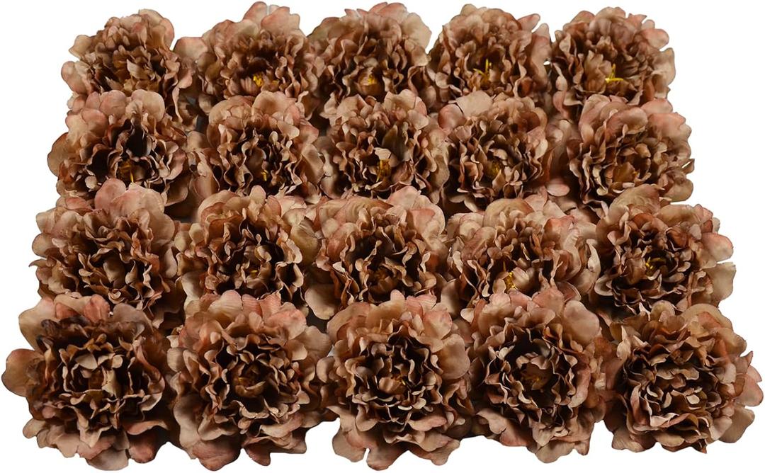 20 Pcs Artificial Flower Peonies, 5" Silk Fake Peonies with 6" Stems No Leaf, Faux Peonies Flowers for Decoration Wedding Home Party Centerpiece Decor Floral Art (Coffee)