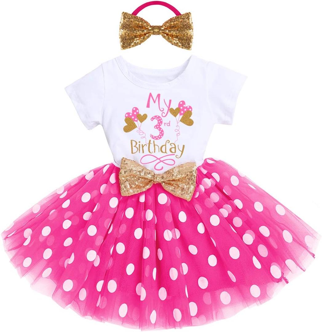 IBTOM CASTLE Girls Baby 1st 2nd 3rd Birthday Outfit Mouse Tulle Dress+Sequins Headband Princess Cake Smash Clothes (3T, Ball Hot Pink Dots) 